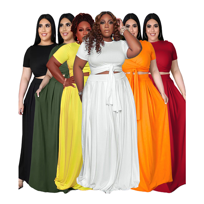 

2021 New Arrivals Plus Size 5xl Solid Bandage Top Women And Pleated Skirt Plus Size Women Two Piece Skirt Set, Customized color