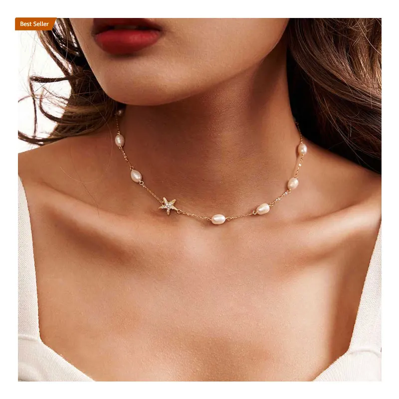 BBQN06 RINNTIN Dainty 925 Sterling Silver Cz Star Charms Cultured Freshwater Pearl Chain Choker Necklaces for Women