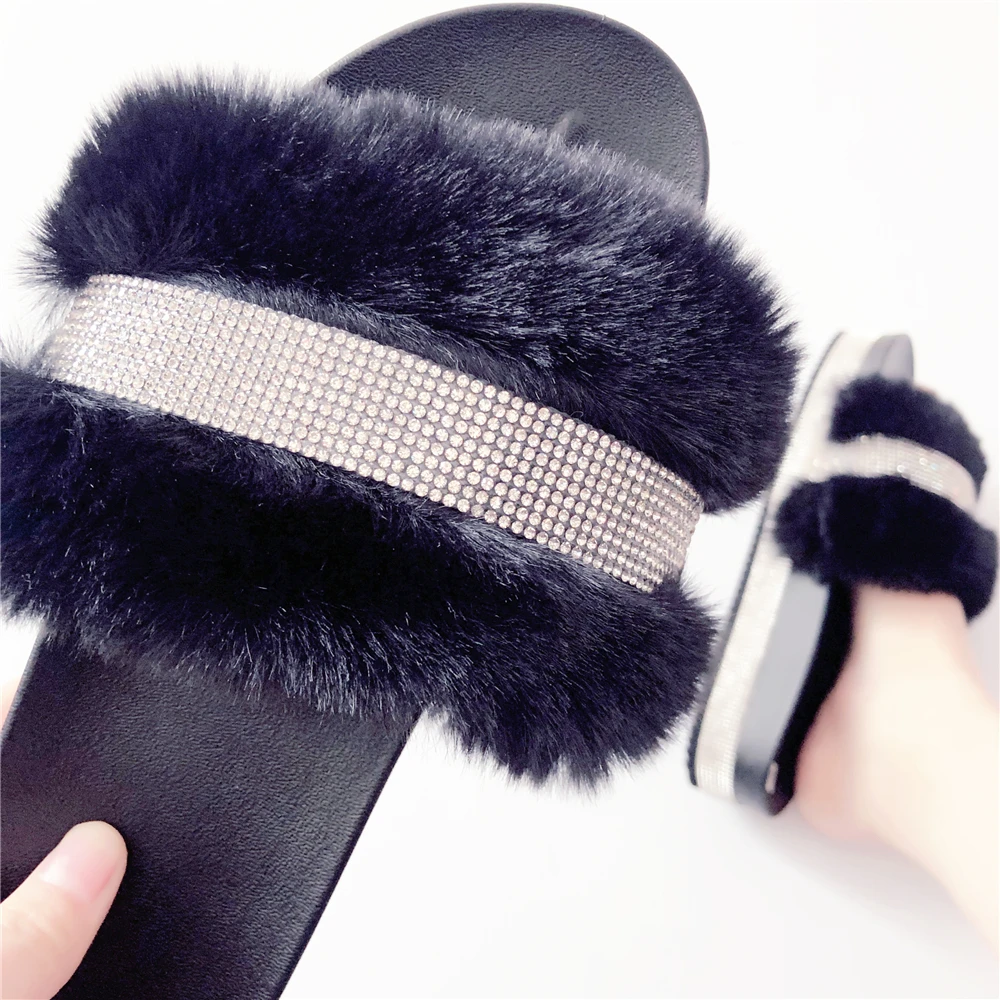 

2021 Diamonds Rhinestone Fluffy Fur Slides Shoes Thick Sole Sandals Women Summer faux fur Furry Slippers, Requirement