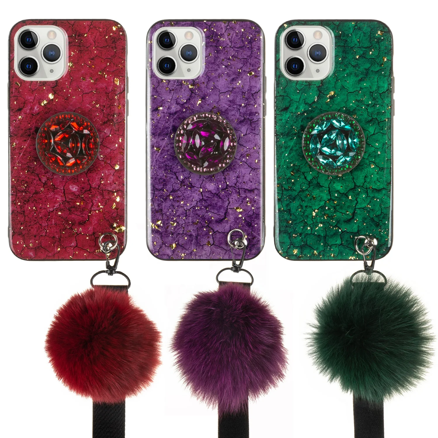 

Fur Case Luxury Epoxy Marble Diamond Holder Back Cover with Plush Ball Strap for iPhone 12/11/Xs Max/Xs/X/8/7/6 Case for Women, Purple, red, green