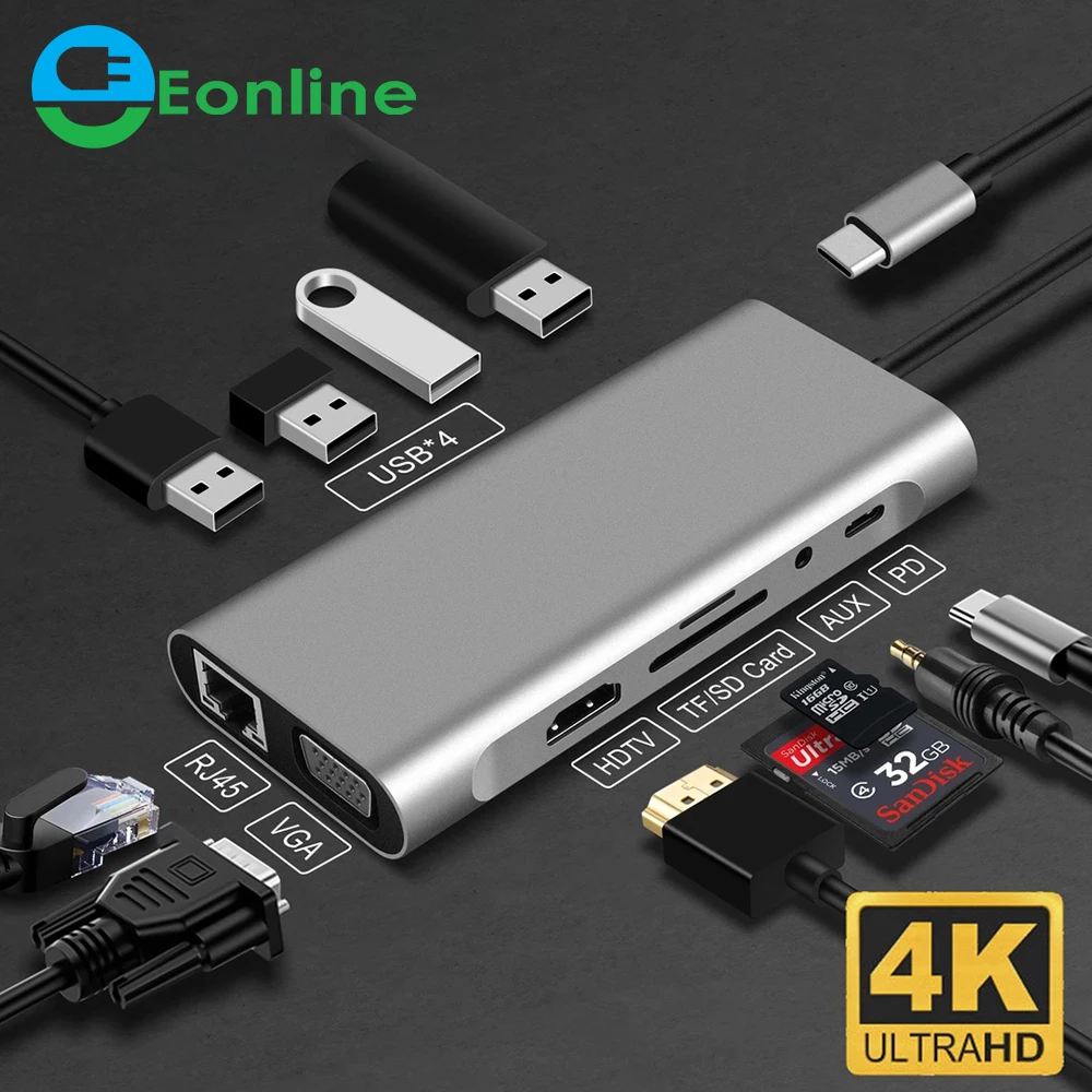 

EONLINE 11 in 1 Multiple USB Hub 3.0 Port Type C Adaptor for Macbook Laptop HD PD Charger Audio VGA RJ45