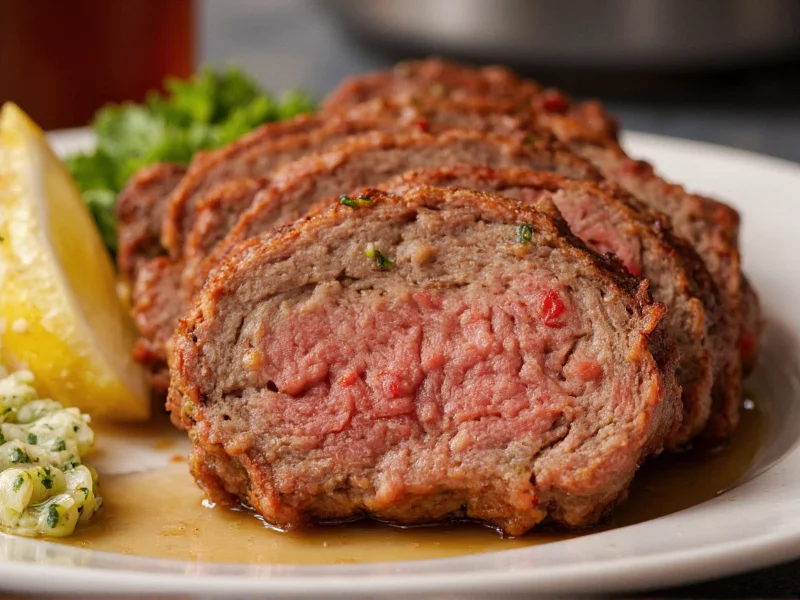 Moist homemade meatloaf slice showing herb specks and juicy texture