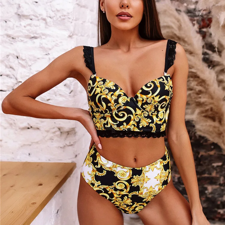 

Print Swimsuit Womens Lace Strap Splice Bikini Sexy Push Up Brazilian Biquini Beachwear Black Swimming Suit For Women, Yellow