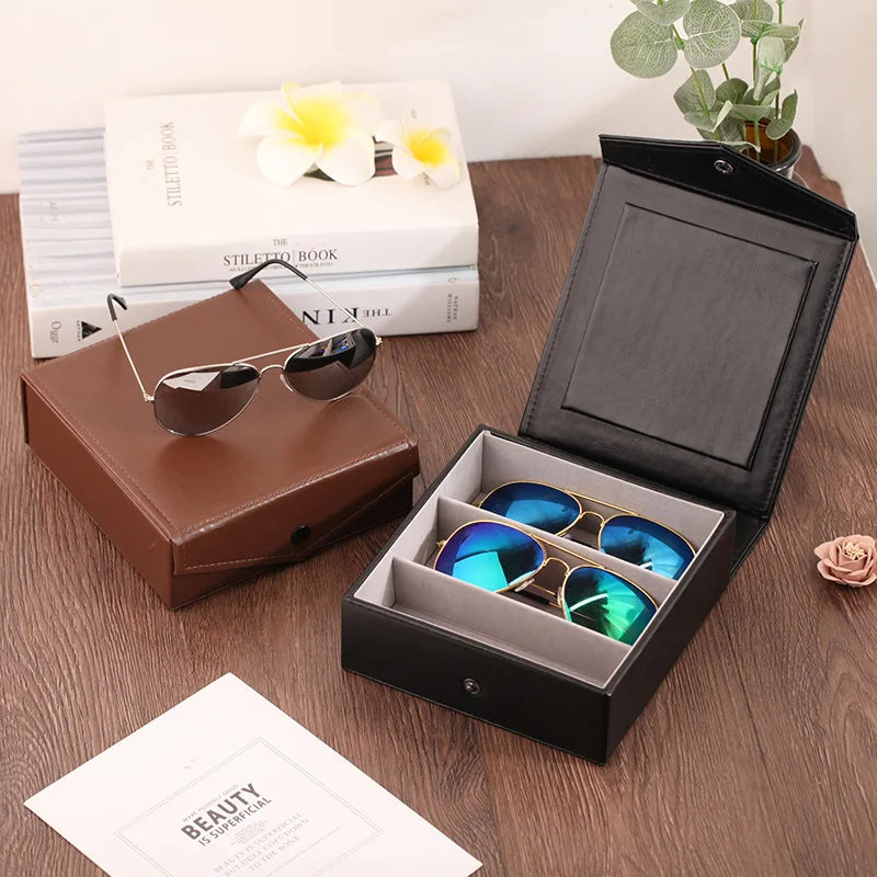 

Factory Fashionable Wholesale 3 Slots PU Leather Sunglasses Case Travel Eyewear Box Sun Glasses Storage Display Boxes