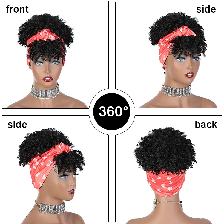 

Free Sample Wigs Black Women Grip With Scarf Synthetic Attached Curly Bangs Kinky Hair Band Chignon Headband Wig