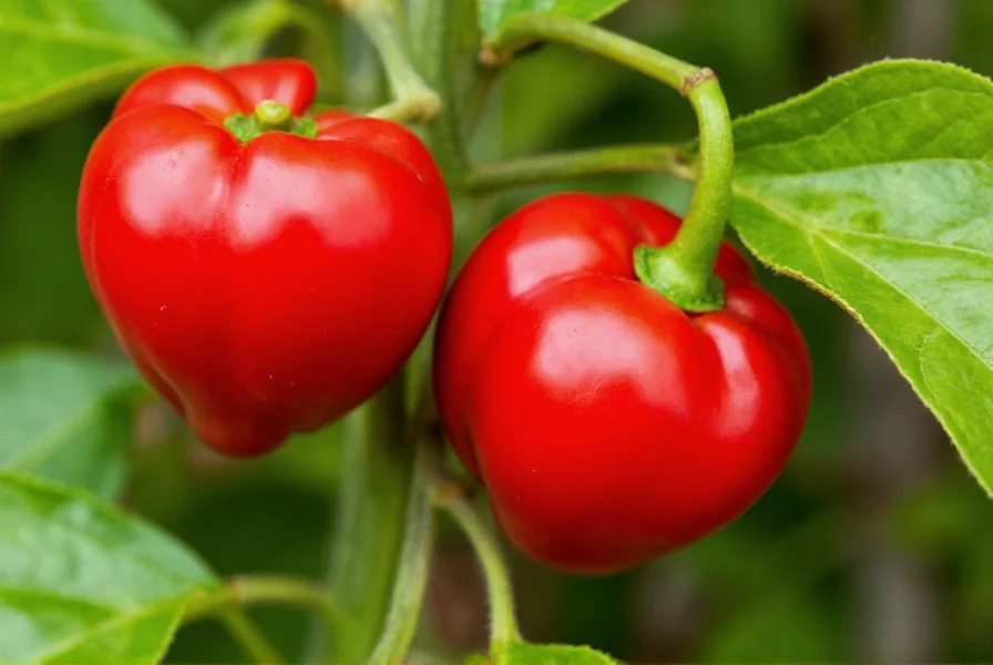 Close-up photograph of ripe buena mulata peppers showing deep red color and heart-shaped form on plant