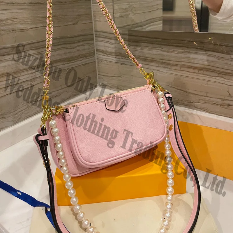 

wholesale 2021 Ladies Fashion Real Leather Multi Pochette One Side Shoulder Bag decorated flower Letters Women Pearls Hand Bags