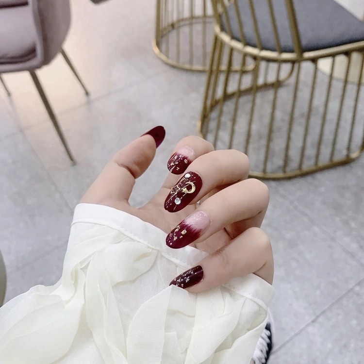 

Wholesale Stellaluna Wine Red Full Cover Nail Tips Glue Type Press on Nails, As pic