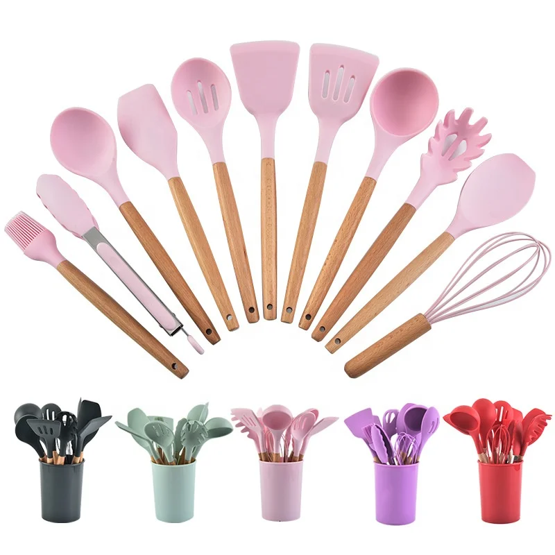 

Utensilios De Cocina 11 Pcs Kitchen Cooking Wooden Handle Silicone Utensil Set Accessories Tools Scraper Shovel Tongs Whisk Sets, Black, red, green, light green, grey, purple, pink