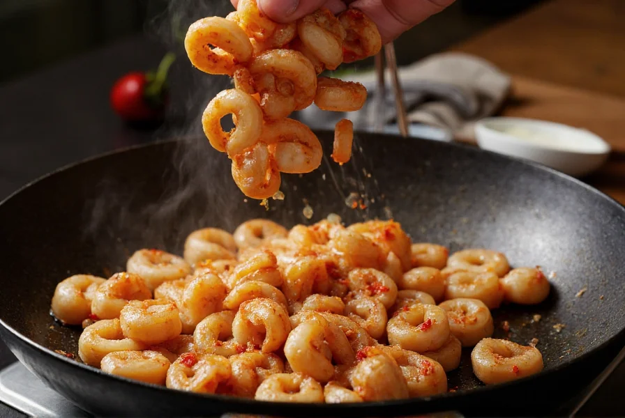 Chef tossing salt pepper chilli squid in traditional wok with perfect golden color