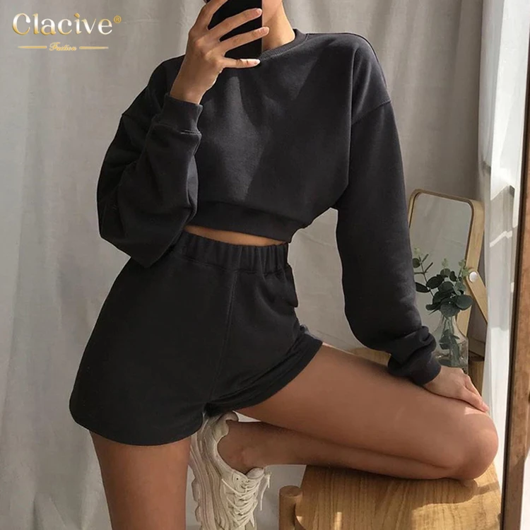 

High Quality Women Autumn Spring Clothing Long Sleeve Hoodie Crop Top Woman Running Shorts Gym 2 Piece Sets