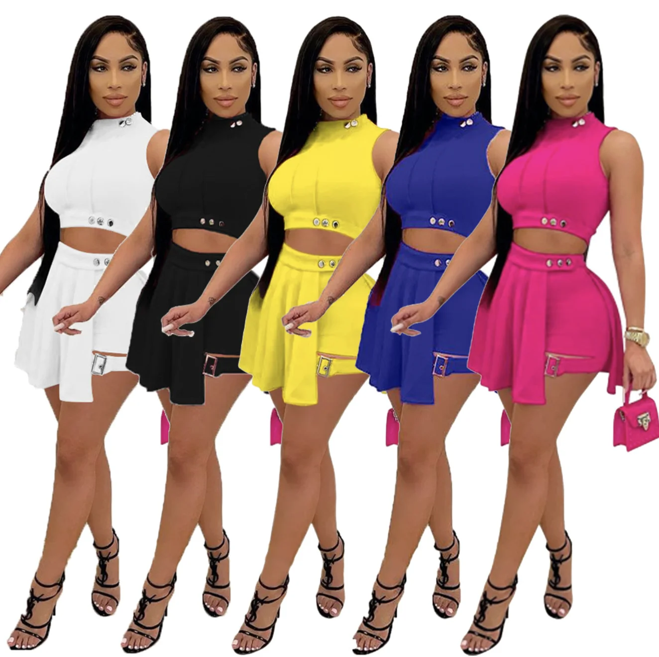 

S to 2XL Summer women sleeveless button-down top and embellished skirt 2 piece set
