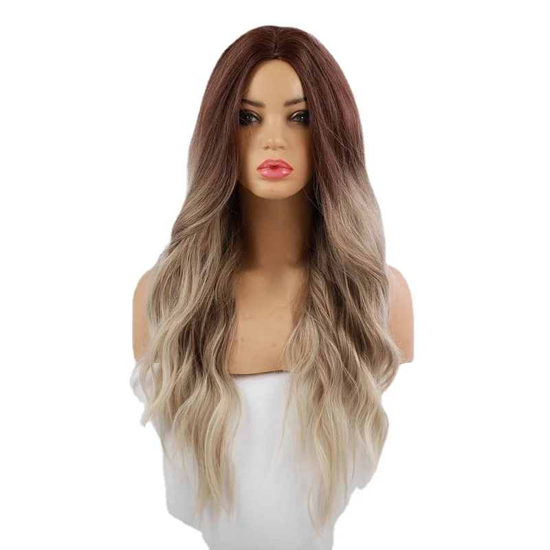 

Dropshipping Women Color Consition Long Curly Hair Wigs Middle Part Bangs Hair Head Cover Marcel Wave Hairpiece for Women