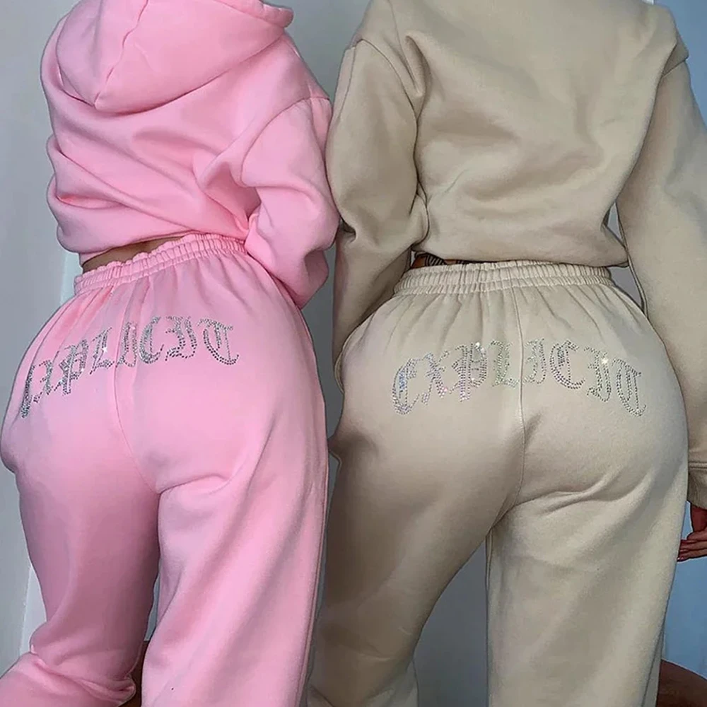 380gsm Custom logo Rhinestone Oversized Two Piece Hoodies and Jogger Set Women High Quality Cotton Sweatpants and Hoodie Set