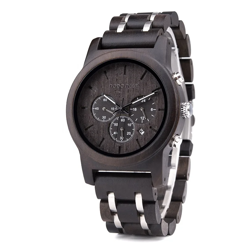 For DODO DEER Men's Stainless Steel Wood Watch Calendar Chronograph OEM Customizable Logo Gift Box Quartz Movement Pointer Dial