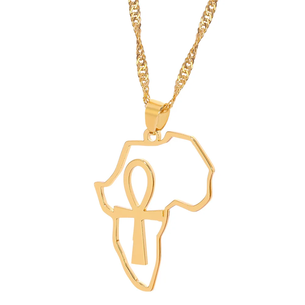 

Map of Africa Men Women Stainless Steel/18K Gold Plated Vintage the Key of the Nile Ankh Cross Pendant Necklace