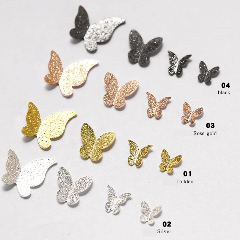 

10Pcs/Box Ultra thin 3D Metal Butterfly Slices Nail Art Decorations Gold/Silver Metallic Flakes DIY Nail Accessories, Gold/silver/black/rose gold