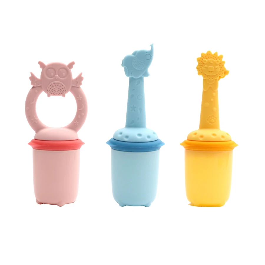 

Hot Selling Animal Shape Silicone Infant Fruit Teething Toy Fresh Food Feeder Pacifier With 3 Pouches Available, Pink, blue, green, yellow