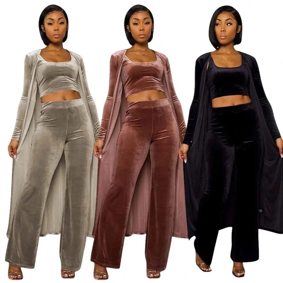 

2021 Women Fall Winter Outfits Solid Color Long Sleeve Coat Lounge Sport Casual Suit Wear Women Velvet 3 pc Three Piece Pant Set