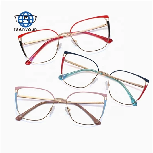 

Teenyoun Eyewear Custom Full Metal Frame Boss Eye Glasses Vintage Women Oversized Cat Blue Light Blocking