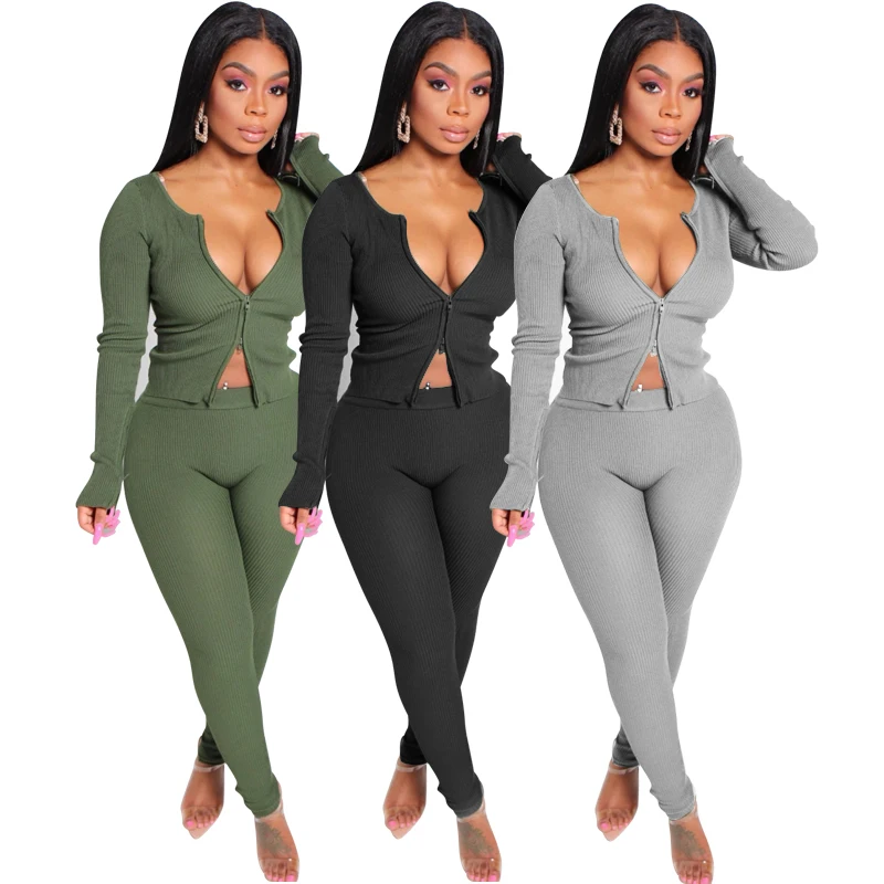 QJ1108  Sexy deep v neck women's long - sleeved sportswear and pantsuits