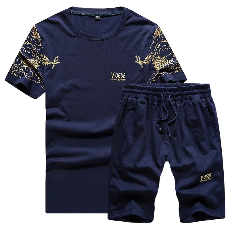 

Summer Breathbale Short-sleeved Dragon Print Running Tracksuit Joggers Suits Men Short Sets 2021, Custom color