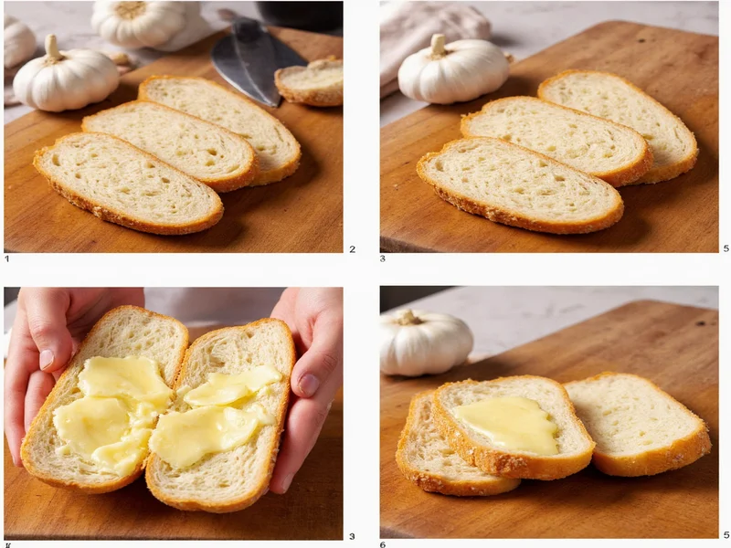 Step-by-step garlic bread preparation showing butter application