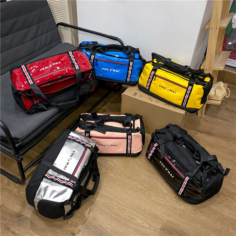 

2021 Wholesale custom logo large capacity outdoor mens travelling duffle gym bag sport stylish duffel backpack travel bag, Pink/blue/yellow/black/red/silver