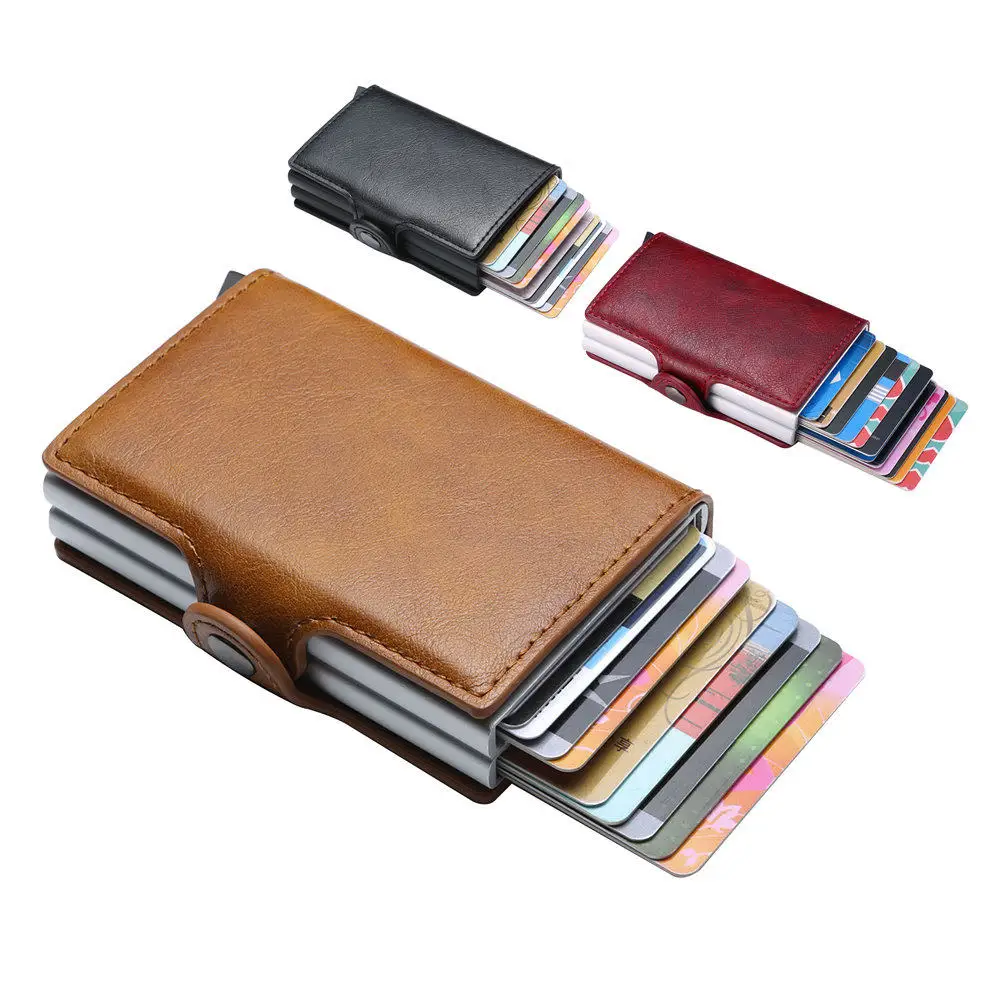 

Wholesale Pop Up Double Automatic Aluminium Case Minimalist PU Leather Credit Card Holder RFID Blocking Men's Wallet