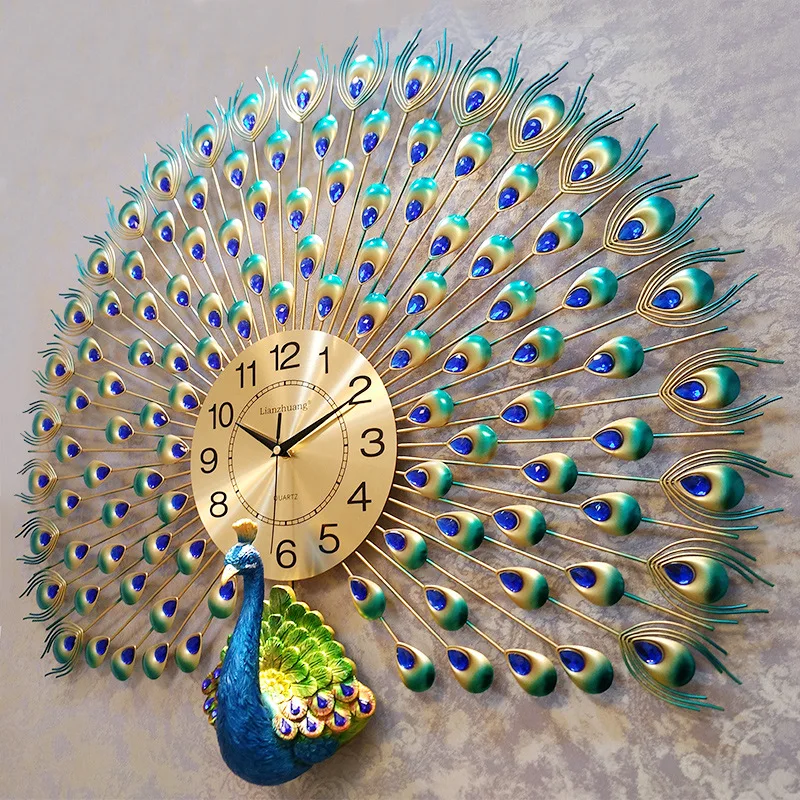 

Luxury Crystal Bohemian Peacock Style Metal Rustic Wall Clock Silent Movement Metal Dial Large Sunburst Big Fancy Decoration, Customized color