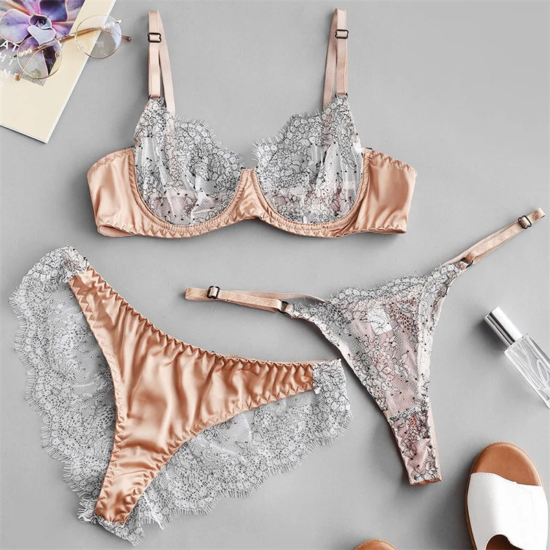 

New Fashion Lashes Lace Women's Underwear Set Summer Thin Section Underwire Bra Thong Garter Belt Sexy Lingerie Erotic Suit