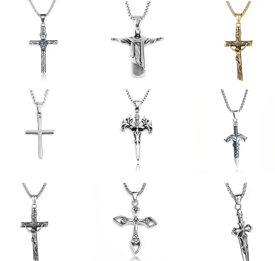 

Vintage Gothic Religious Christian Cross Pendant Men's Women's Punk Style Stainless Steel Jesus Amulet Necklace, Golden silver color
