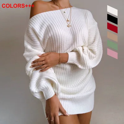 

Autumn and winter knitted long sweater diagonal line neck irregular diagonal shoulder loose women sweater