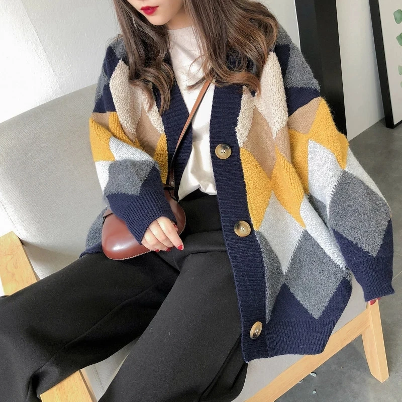 

New 2023 Autumn Winter Women's Sweaters Checkered Cardigans Vintage Oversized Fashionable Argyle Knitwears