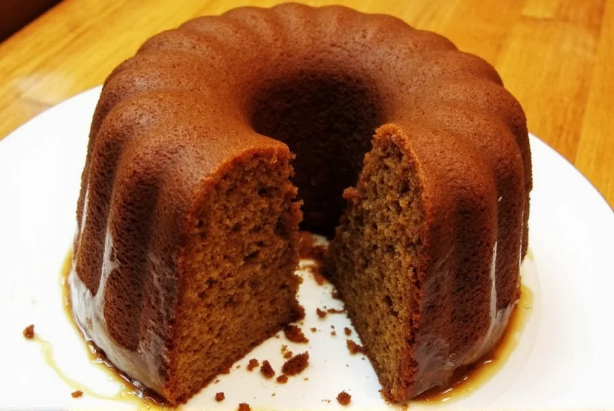 Close-up of moist Jamaican ginger cake with rum glaze drizzled on top, showing the dense crumb structure and dark color