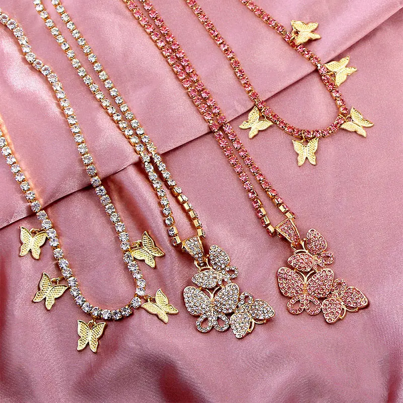 

Luxury Full Crystal Gold Silver Color Tennis Chain Multi Layer Butterfly Necklace Jewelry Butterfly Pendant Necklace Women