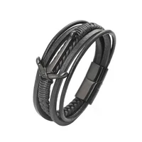

Stainless steel magnetic button Cowhide Braided Multi Layer Wrap anchor punk leather bracelet