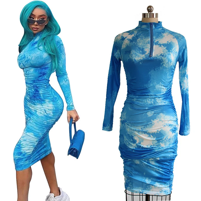 

2021 fashion print round neck and long sleeve women's net red new dress