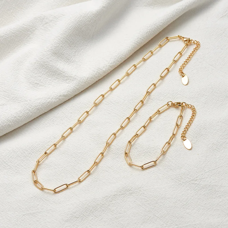 

Fashion Inoxidable 24K Gold Pleated Stainless Steel Paperclip Chain Bracelet Necklace Jewelry Set