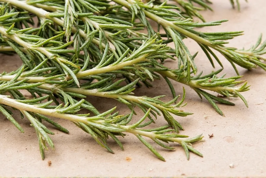 Rosemary herb sprigs drying on a wooden table