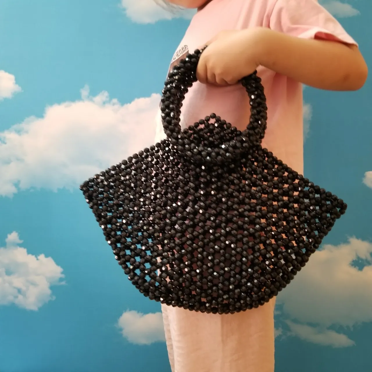 

Black horn pearl beaded hollow bag vintage vegetable basket round handle handmade bag