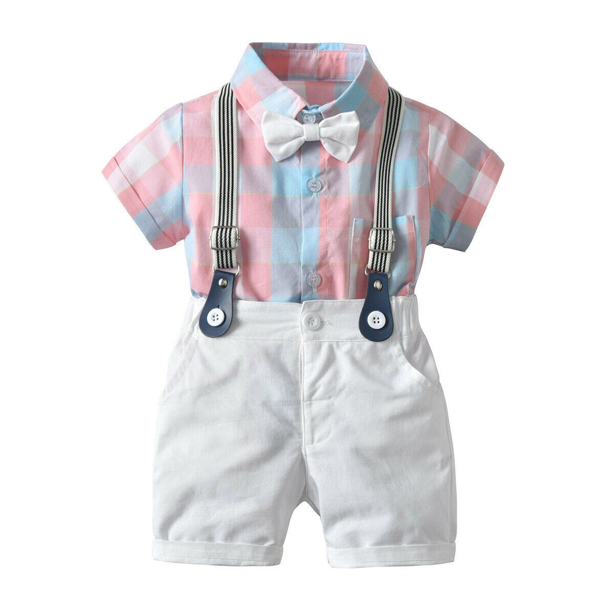 

Wholesale Plaid 100% Cotton Denim Suspender Baby Boys Casual Kids Summer Matching Clothing Sets