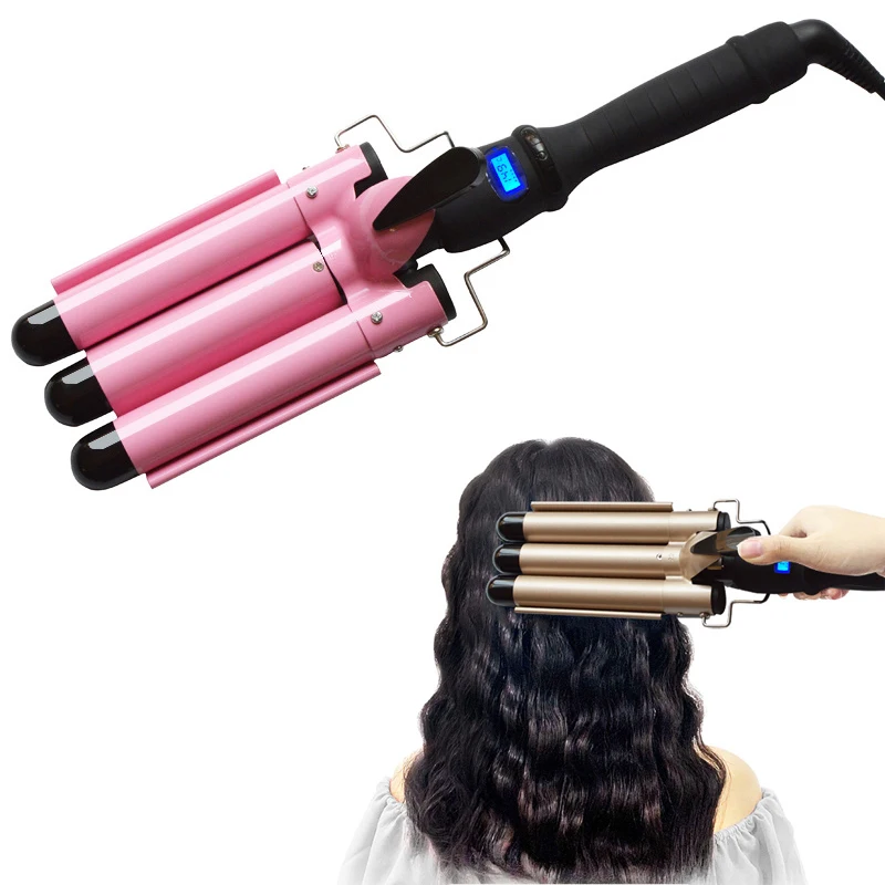 

LCD Digital Display Hair Curling Home use ceramic Ionic big wave curler automatic curling iron with triple barrel hair waver, Gold + pink