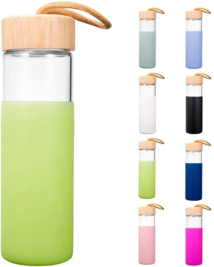 

25oz 18oz Non-Slip Silicone Sleeve Reusable Water Bottles Borosilicate Glass Water Bottles with Bamboo Lid