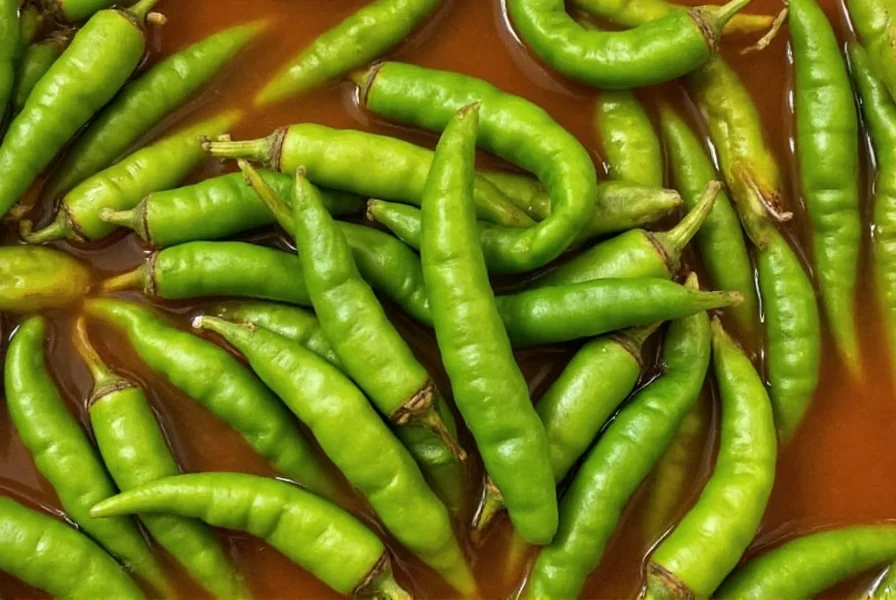 Close-up view of canned Hatch green chilies showing the texture and color of roasted peppers in liquid