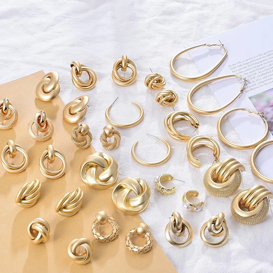 

Kaimei Gold Color Metal Drop Earring C-type Hoop Twist Matt Gold Irregular Statement Round Water Drop Geometric Earrings Jewelry, Many colors fyi