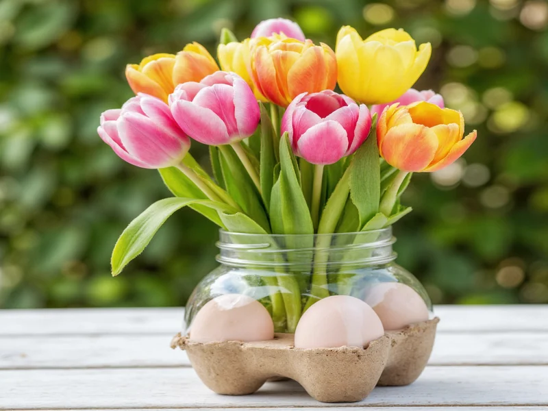 Recycled egg carton tulips in mason jar vase