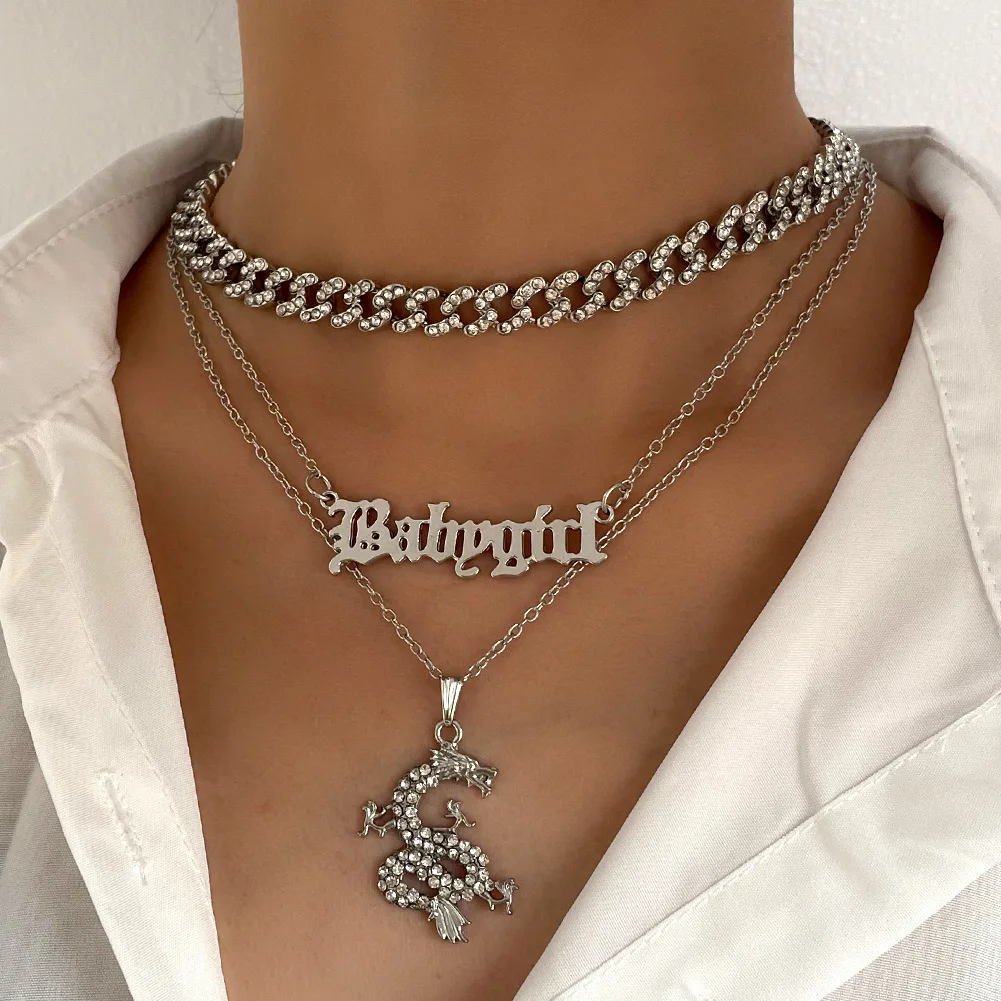 

Elegant Three Layers Iced Out Bling Cuban Chain Necklace For Women Babygirl Letter Pendant Dragon Necklace, Sliver plated