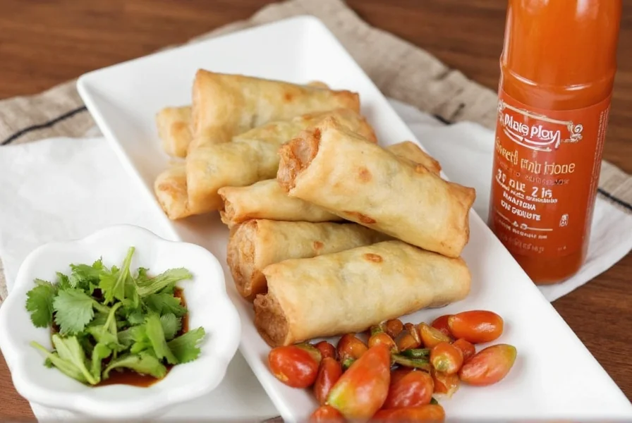 Thai spring rolls with dipping sauce featuring Mae Ploy Sweet Chili Sauce on a white plate with fresh herbs