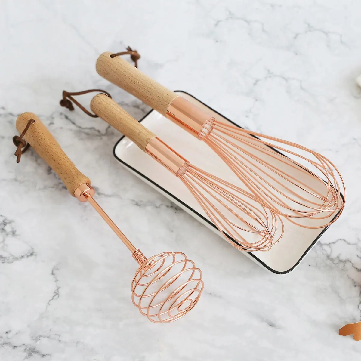 

Wholesale High Quality Egg Beater Wood Mini Beech Wood Handle Egg Mixer Kitchen Silicone Manual Egg Whisk For Baking, Rose gold